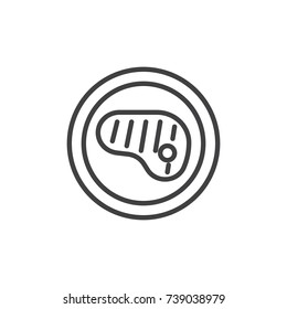 Meat steak on plate line icon, outline vector sign, linear style pictogram isolated on white. Symbol, logo illustration. Editable stroke