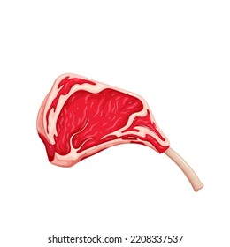 Meat Steak On Rib Vector Illustration. Cartoon Isolated Raw Red Slice Of Meat With Bone And Streaky Fat For Menu Of Steakhouse Restaurant, Prime Organic Product Of Butchers Shop To Grill On Dinner