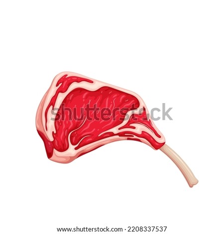 Meat steak on rib vector illustration. Cartoon isolated raw red slice of meat with bone and streaky fat for menu of steakhouse restaurant, prime organic product of butchers shop to grill on dinner