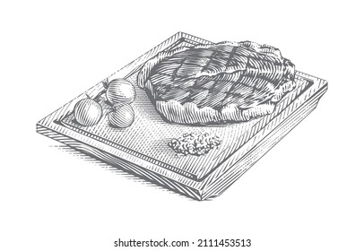 meat steak on wood board hand drawing sketch engraving illustration style