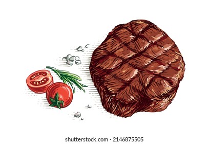 meat steak on wood board hand drawing sketch engraving illustration style