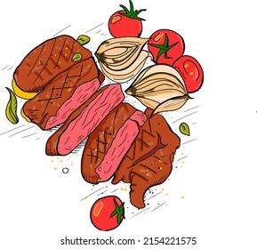 meat steak, pieces of food. Fried onions and cherry tomatoes. Lunch, breakfast, dinner. Beef, pork, horse meat. Illustration for the menu. Restaurant serving in a cafe. grilled vector.