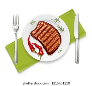 Meat steak at plate with fork and spoon. Realistic grilled meal. Cook beef steaks. Grill food. Concept for serving roasted pork. Isolated white background. EPS10 vector illustration.