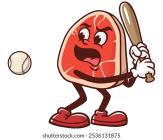 Meat Steak playing Baseball, Cartoon Mascot Illustration Character Vector Clip-art Hand-drawn Logo Design