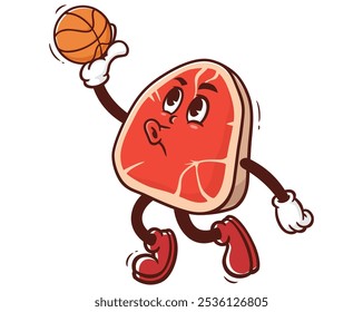 Carne Steak jugando slam dunk Baloncesto, dibujos animados Mascota Ilustración Carácter Vector Clip-arte Dibujado a mano Diseño de logotipo