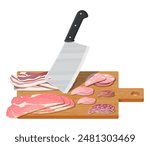 Meat steak sausage chopped on wooden board with kitchen knife. Cutting board, butcher cleaver and piace of meat. Utensils, household cutlery. Cooking, kitchenware. Vector illustration flat style