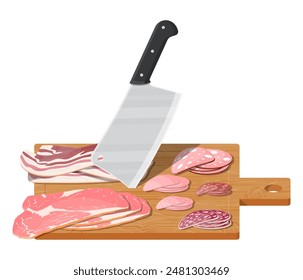 Salchicha de carne picada en tablero de madera con cuchillo de cocina. Tabla de cortar, cuchilla de carnicero y lugar de carne. Utensilios, cubiertos domésticos. Cocina, menaje de cocina. estilo plano de Ilustración vectorial