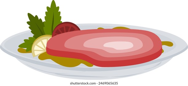 Meat steak with source and lemon, tomato, mint decorations.