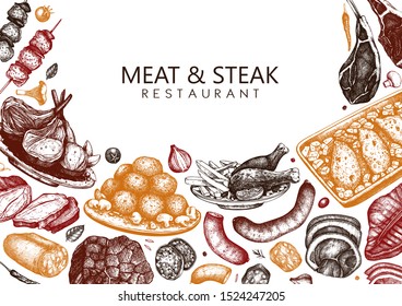 Meat and steak vector design. Hand drawn food illustrations. Meat restaurant menu template in engraved style. Vintage background for beer restaurant, grill bar or pub. Ketogenic diet products frame.