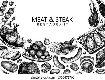 Meat and steak vector design. Hand drawn food illustration. Meat restaurant menu template in engraved style. Vintage background for beer restaurant, grill bar or pub.