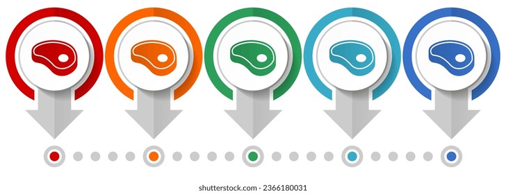 Meat, steak vector icon set, flat design infographic template, set pointer concept icons in 5 color options for webdesign and mobile applications