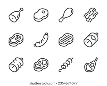 Iconos de línea vectorial de carne y filete. Salchicha de carne, jamón, bacon y juego de iconos de contorno de barbacoa.