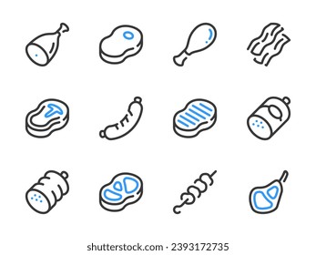 Meat and Steak vector line icons. Beef sausage, Ham, Bacon and Barbecue outline icon set.