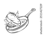 Meat steak, vegetable and herbs flying in pan line icon. Outline beef or pork slice frying with chili pepper, greens ingredients. Cooking process mascot, hand drawn pan of dinner vector illustration