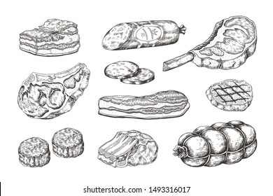 Meat steak. Vintage food sketch with butchery products, pork ham bacon lamb ribs and beefsteak. Vector illustration hand drawn raw cutting grill menu