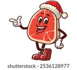 Meat Steak wearing a Christmas hat, Cartoon Mascot Illustration Character Vector Clip-art Hand-drawn Logo Design