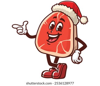 Bife de carne vestindo um chapéu de Natal, Desenho Animado Mascote Ilustração Personagem Vetor Clip-art Desenhado à mão Logo Design