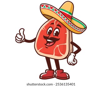 Bife de carne vestindo um sombrero, desenho animado mascote ilustração personagem vetor clip-art logotipo desenhado à mão Design