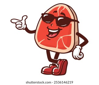 Meat Steak wearing sunglasses, Cartoon Mascot Illustration Character Vector Clip-art Hand-drawn Logo Design