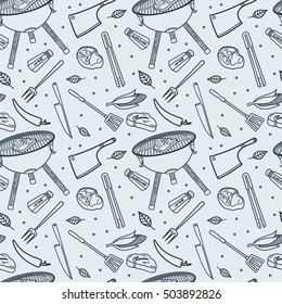 Meat steaks, BBQ, vector food seamless texture pattern. Seamless pattern can be used for wallpaper, pattern fills, web page background, surface textures.