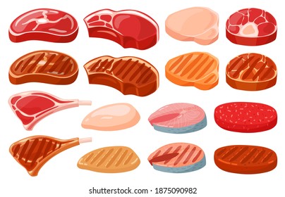 Meat steaks. Cartoon fresh and fried steaks, beef, fish, pork steaks, tenderloin beef cuts and ribeye. Butcher shop food vector illustrations. Steak beef, meat fresh food, meal pork