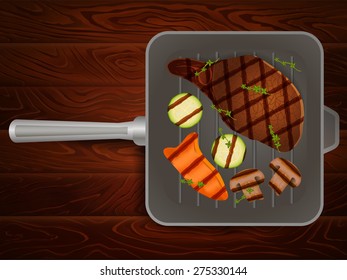 Meat steaks with grilled vegetables and thyme on grilling pan on wooden table. Vector image can be used for restaurant and cafe menu design, food posters, print cards and other crafts.