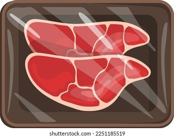 Meat steaks in plastic pack. Raw beef product isolated on white background