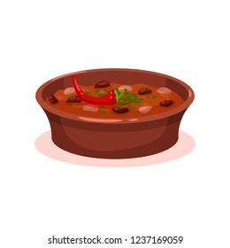 Meat stew with bean in a bowl, Bulgarian cuisine national food dish vector Illustration on a white background