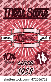 Meat store banner, charcuterie, deli shop, butchery market vector badge, label