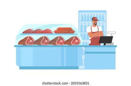 Meat Store, Flat Vector Illustration. Salesman Standing At Display Fridge Counter With Fresh Pork, Beef, Sausage. Farm Food Market. Butchers Shop. Supermarket, Grocery Store Meat Section, Department.