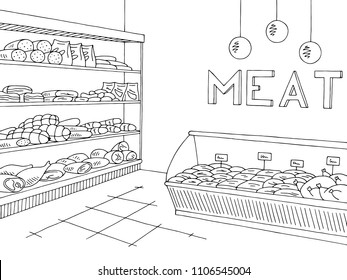 Taller de carnes taller gráfico interior de blanco negro ilustración vectorial