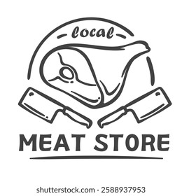 Meat store logo with butchers cleaver and pork knuckle line icon. Outline hand drawn typography badge with pigs leg, knife and text. Butchery, local slaughterhouse logotype vector illustration