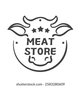 Meat store logo with cow or bull line icon. Outline hand drawn label with farm animal head and stars, premium quality beef emblem of butchery. Meat of butchers shop logotype vector illustration