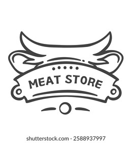 Meat store logo with cow horns and ears line icon. Outline hand drawn farm cattle emblem, butchery badge with text on curve sign. Livestock, organic angus meat shop logotype vector illustration