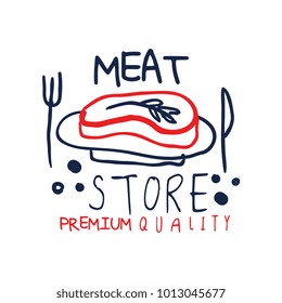 Meat store premium quality logo template, vintage label colorful hand drawn vector Illustration