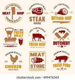 Meat store retro style emblems with scales and knives farm products livestock and poultry isolated vector illustration