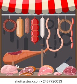 Meat street market. Meat store stall. Butcher shop or showcase counter. Sausage slices product. Delicatessen gastronomic product of beef pork chicken. Pepperoni salami. Vector illustration flat style