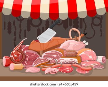 Meat street market. Meat store stall. Butcher shop or showcase counter. Sausage slices product. Delicatessen gastronomic product of beef pork chicken. Pepperoni salami. Vector illustration flat style