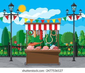 Meat street market. Meat store stall. Butcher shop or showcase counter. Sausage slices product. Delicatessen gastronomic product of beef pork chicken. Pepperoni salami. Vector illustration flat style