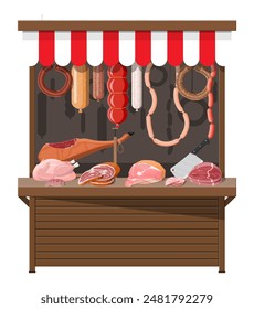 Meat street market. Meat store stall. Butcher shop or showcase counter. Sausage slices product. Delicatessen gastronomic product of beef pork chicken. Pepperoni salami. Vector illustration flat style