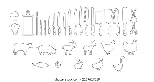 Meat symbols and chef knifes outline silhouette set. Vector stock illustration isolated on white background for design packaging label, logo, menu in restaurant or butchery. EPS10