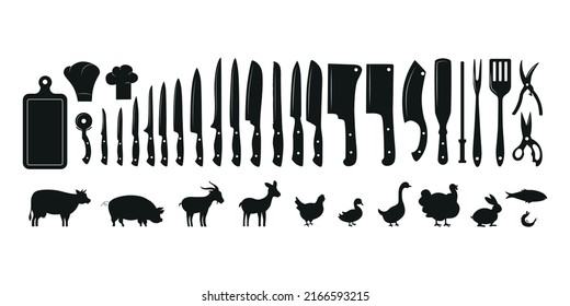 Meat symbols and chef knifes silhouette set. Vector stock illustration isolated on white background for design packaging label, logo, menu in restaurant or butchery. EPS10