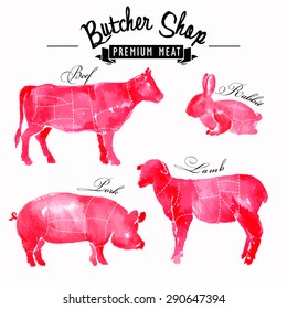 Meat symbols set pork, beef, lamb, rabbit, hand-drawing watercolor silhouettes in vintage style