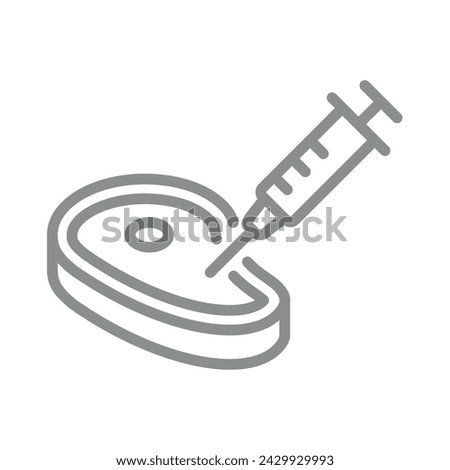Meat and syringe injection vector icon. Injecting hormones and antibiotics symbol. Editable stroke.
