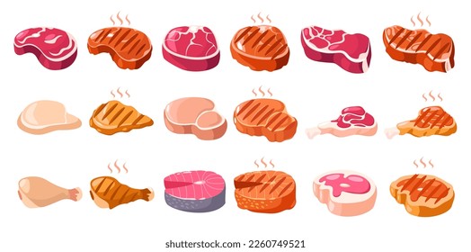 Carne de solomillo. Cartoon en rodajas de carnes de carnicería para la barbacoa, cerdo asado a la parrilla, solomillo de cordero crudo de ternera, concepto de productos frescos. Conjunto de vectores planos de carnicería e ilustración de alimentos