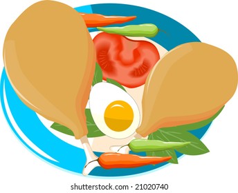 meat tomato peace egg roast and chillies in a plate	