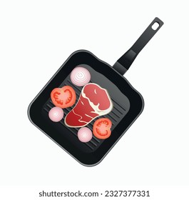Meat with tomatoes and onions in a black pan. Vector illustration
