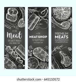 Meat top view, banner collection. Vector illustration set. Engraved design. Hand drawn illustration. Meat products design template.