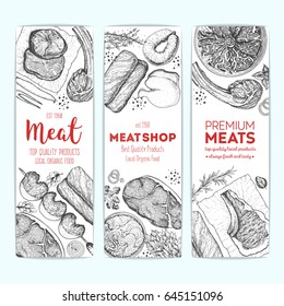 Meat top view, banner collection. Vector illustration set. Engraved design. Hand drawn illustration. Meat products design template.