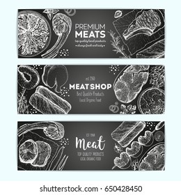 Meat top view, banner collection. Vector illustration set. Engraved design. Hand drawn illustration. Meat products design template.